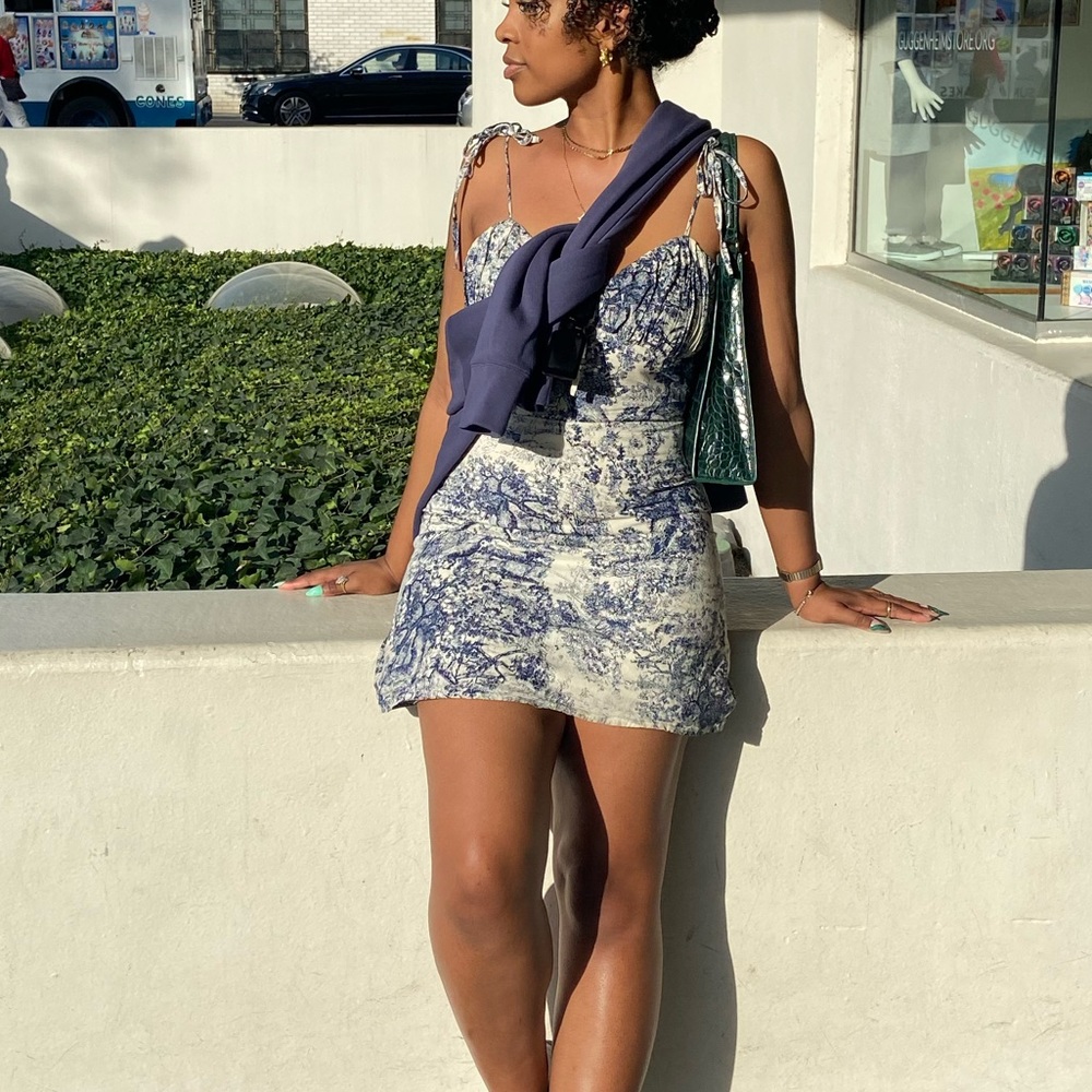 Toile Print spaghetti strap mini dress